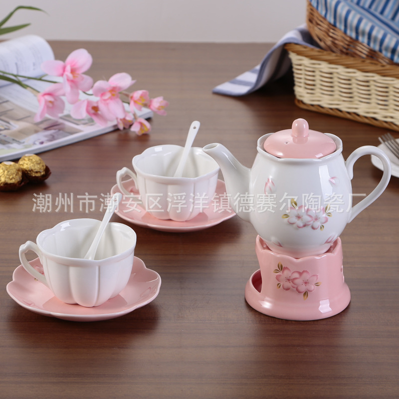 日韓風格浮雕櫻花陶瓷咖啡杯碟壺套裝帶加熱底座帶過濾網廠傢直銷工廠,批發,進口,代購