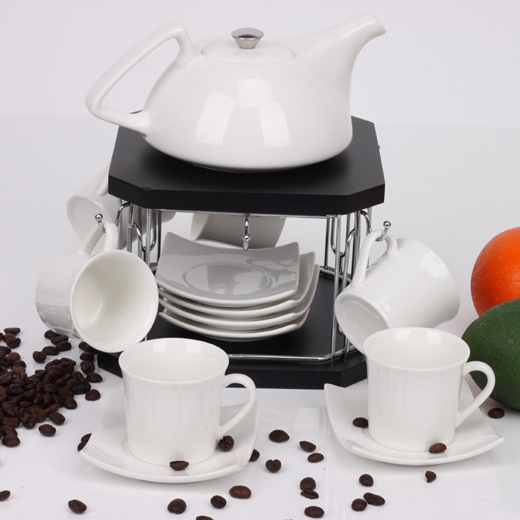 簡約新款白色陶瓷咖啡具套裝配竹木托咖啡壺套水具套裝可加印logo工廠,批發,進口,代購