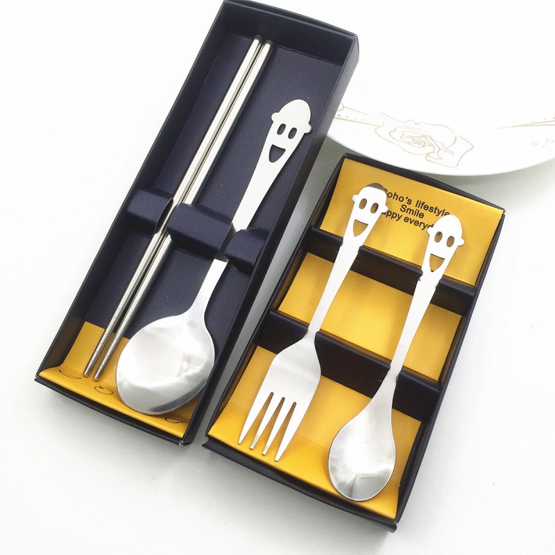 創意不銹鋼餐具黃色笑臉兩件套裝勺叉筷子禮品贈品加印LOGO工廠,批發,進口,代購