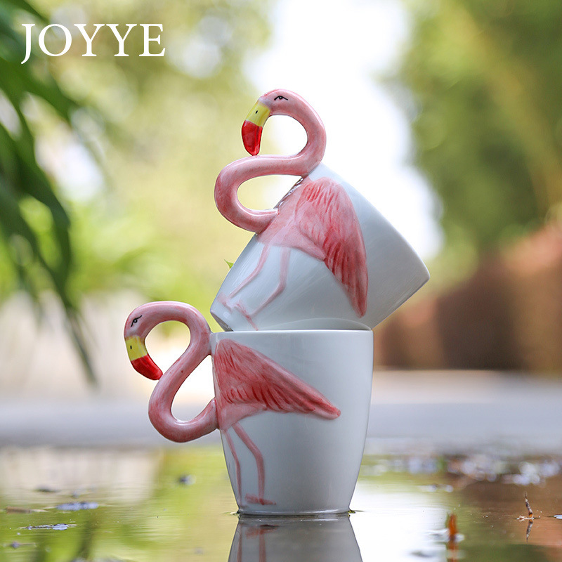 joyye動物造型浮雕火烈鳥馬克杯創意把手紅色禮品手繪陶瓷杯子工廠,批發,進口,代購