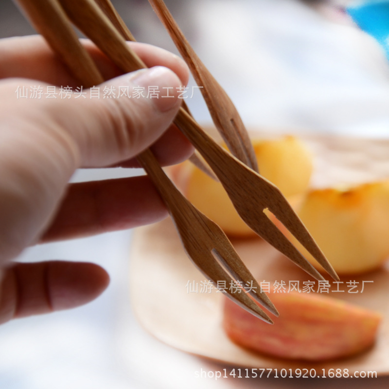 竹質水果叉 12CM甜點勺叉 創意兩齒餐具食品促銷贈品 廠傢直銷批發・進口・工廠・代買・代購