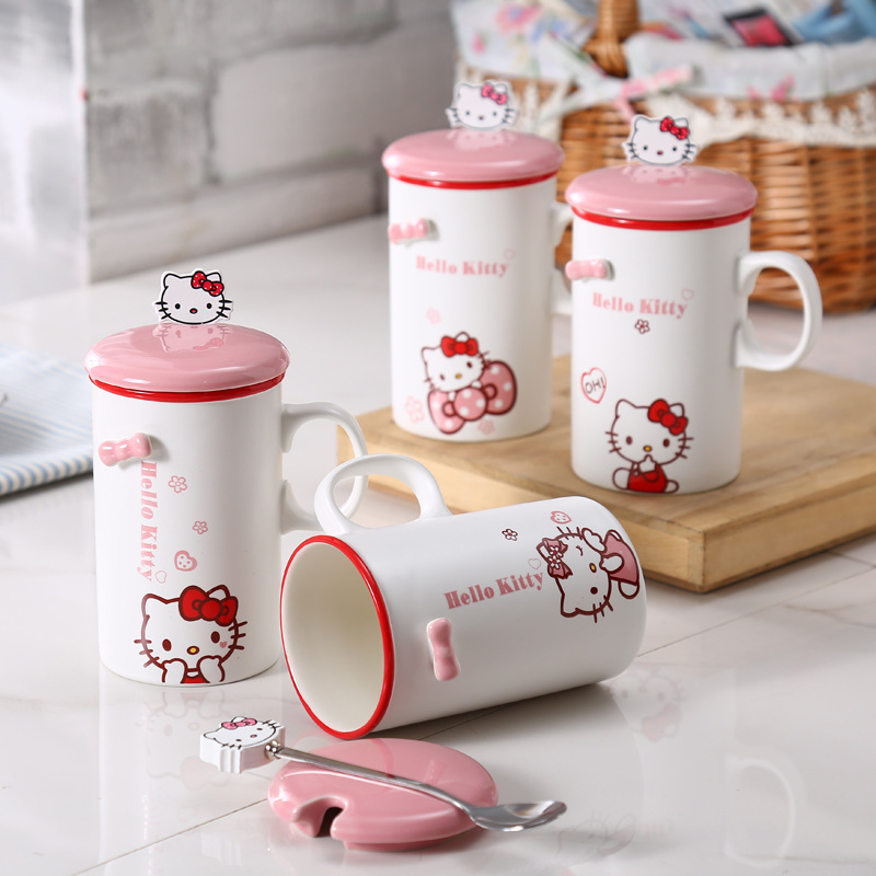 可愛卡通kitty辦公水杯馬克杯陶瓷杯帶蓋帶勺創意牛奶咖啡杯子工廠,批發,進口,代購