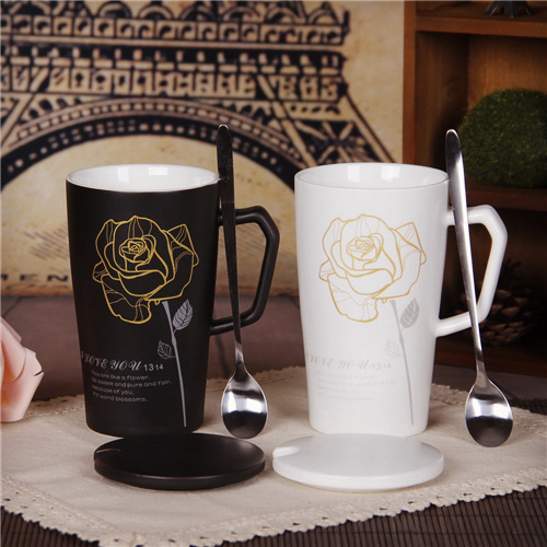 恒德陶瓷 黑白玫瑰花情侶杯 大容量水杯陶瓷杯咖啡杯 牛奶杯子110工廠,批發,進口,代購