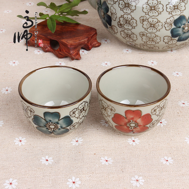 中式高檔酒店餐具陶瓷茶杯小酒杯清酒杯紅藍富貴杯子陶瓷杯批發批發・進口・工廠・代買・代購