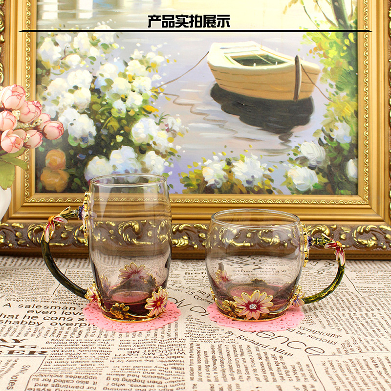 法蘭朵鋅合金瑯琺彩水晶玻璃杯琺瑯杯禮品洛施花茶杯春節年會禮批發・進口・工廠・代買・代購