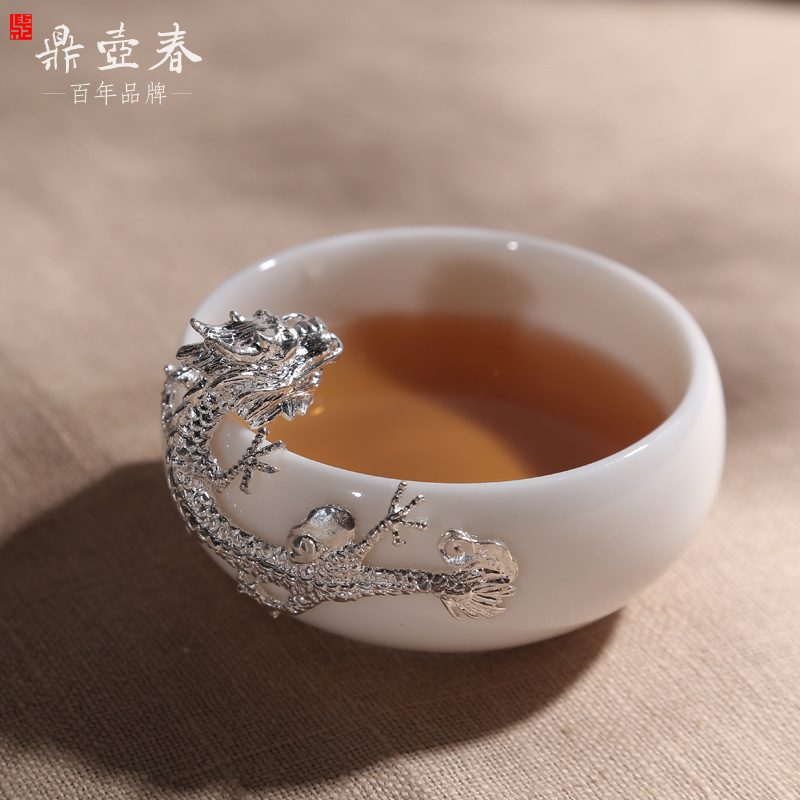 百年鼎壺春可定製白瓷鑲銀茶杯 純銀品茗杯大號主人杯單杯銀杯工廠,批發,進口,代購