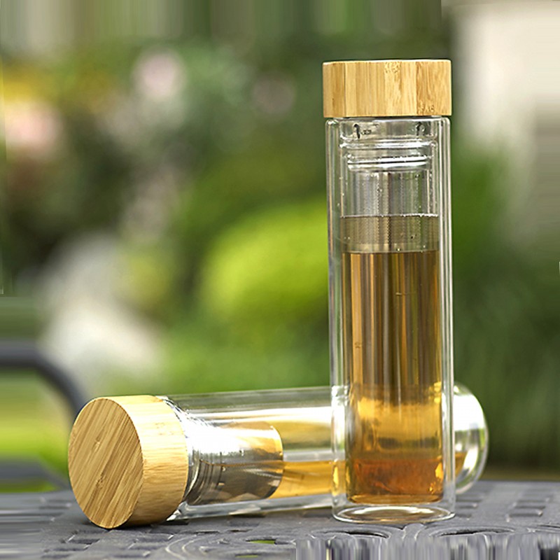 熱銷雙層竹蓋玻璃杯透明高硼矽高溫耐熱防漏帶茶隔商務禮品可定製工廠,批發,進口,代購