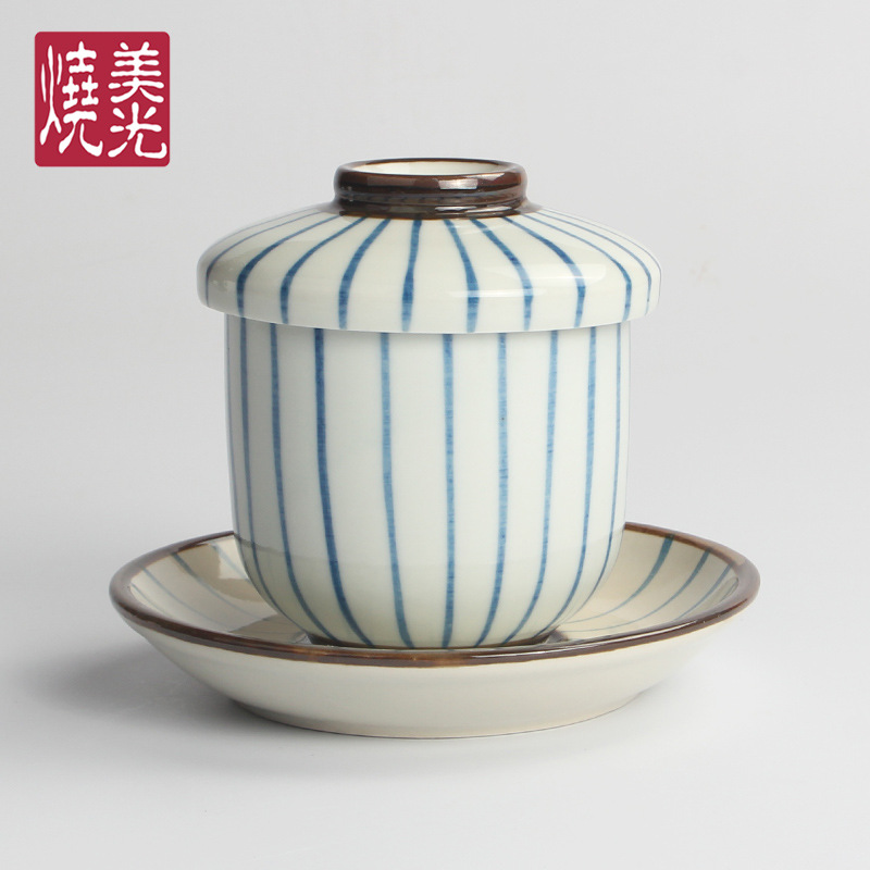 美光燒 日式藍色條紋陶瓷蒸蛋盅 甜品燉品茶碗蒸 日本和風餐具批發・進口・工廠・代買・代購
