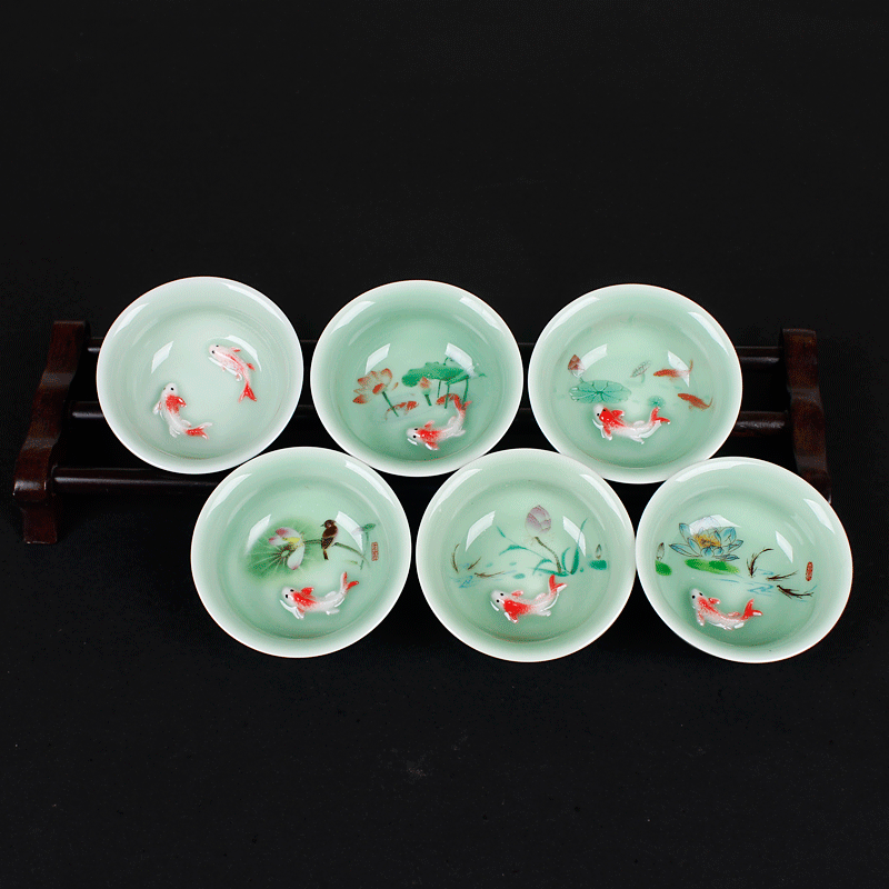 龍泉青瓷茶具茶杯品茗杯主人杯 陶瓷個人大茶杯 手繪魚 廠傢直銷工廠,批發,進口,代購
