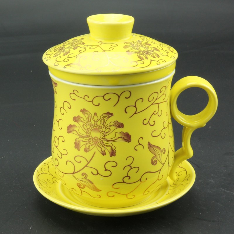 供應陶瓷杯 黃釉黃金騰花陶瓷杯 陶瓷四件套杯子茶杯 帶碟子工廠,批發,進口,代購