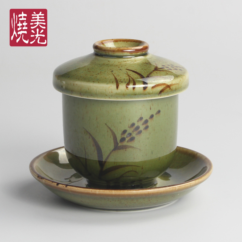 美光燒 日式青色手繪花草陶瓷餐具 日本蒸蛋小碗 帶蓋甜品燉湯盅工廠,批發,進口,代購