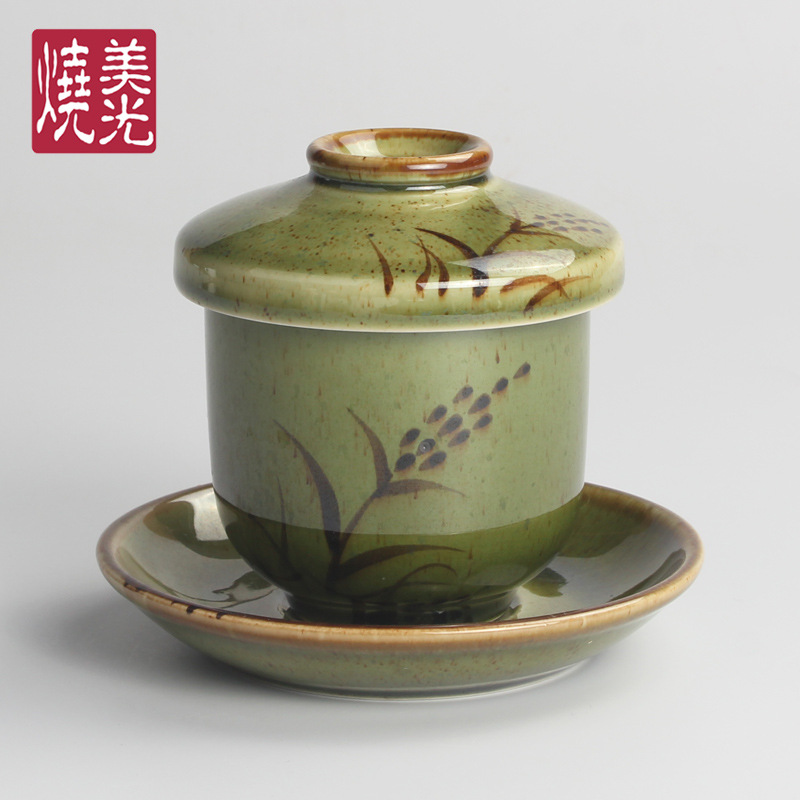 美光燒 日式青色手繪花草陶瓷餐具 日本蒸蛋小碗 帶蓋甜品燉湯盅批發・進口・工廠・代買・代購