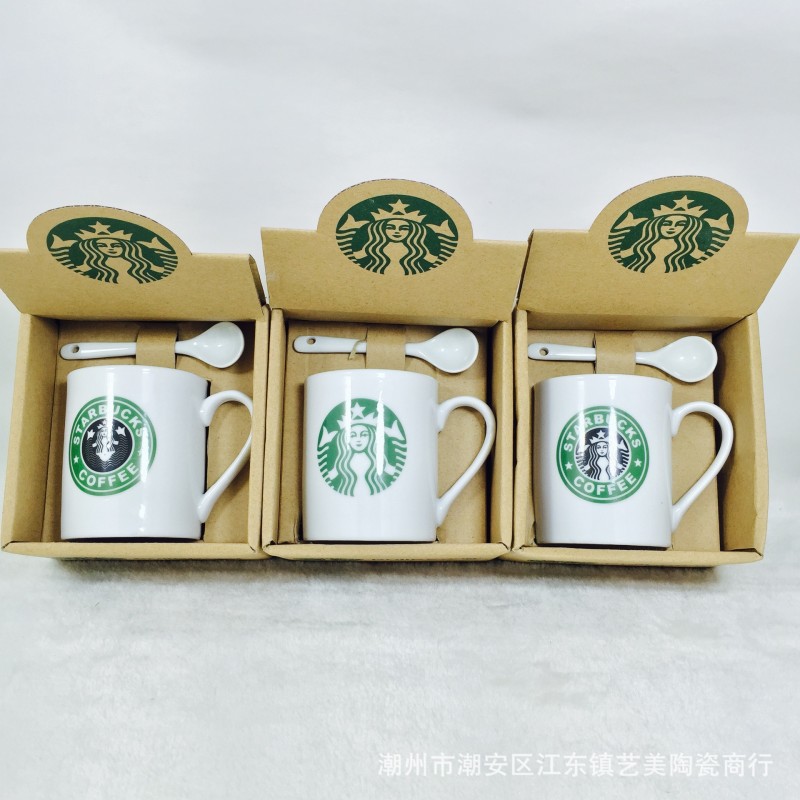 爆款批發創意星巴克陶瓷杯陶瓷勺單杯水杯情侶杯 禮品可定製LOGO批發・進口・工廠・代買・代購