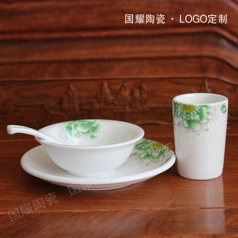陶瓷消毒餐具套裝酒店賓館用瓷定製LOGO圖案陶瓷碗盤工廠,批發,進口,代購