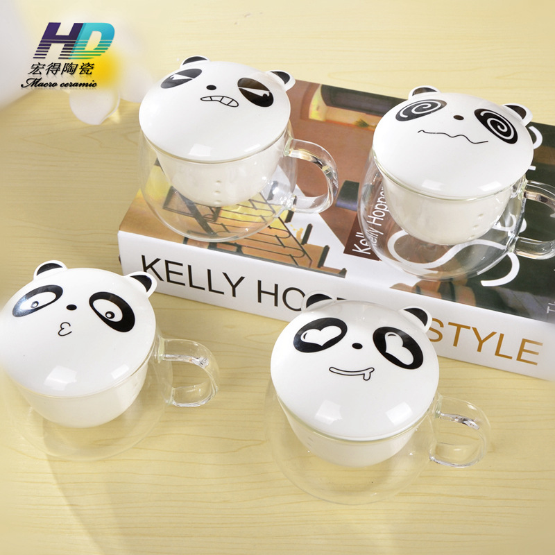 創意熊貓花茶杯陶瓷過濾高棚矽玻璃杯韓國廣告禮品水杯可定製杯子批發・進口・工廠・代買・代購