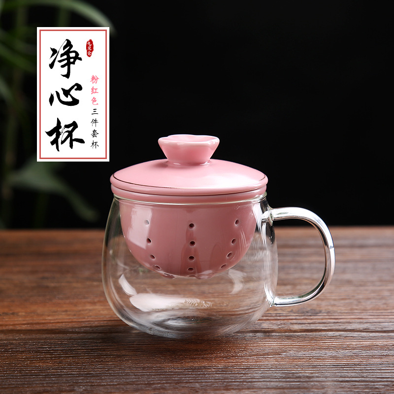 DH傢用茶杯過濾泡茶杯陶瓷套裝 透明水杯 耐熱玻璃帶蓋花茶茶杯子工廠,批發,進口,代購