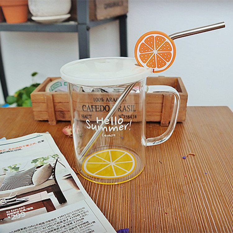韓國可愛創意水果玻璃杯吸管杯帶蓋韓檸檬透明女士學生泡茶水杯子工廠,批發,進口,代購