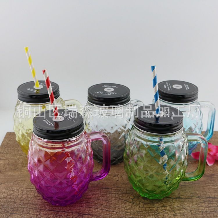 廠傢新品上市創意彩色菠蘿水杯 玻璃果汁飲料杯 吸管玻璃梅森杯工廠,批發,進口,代購