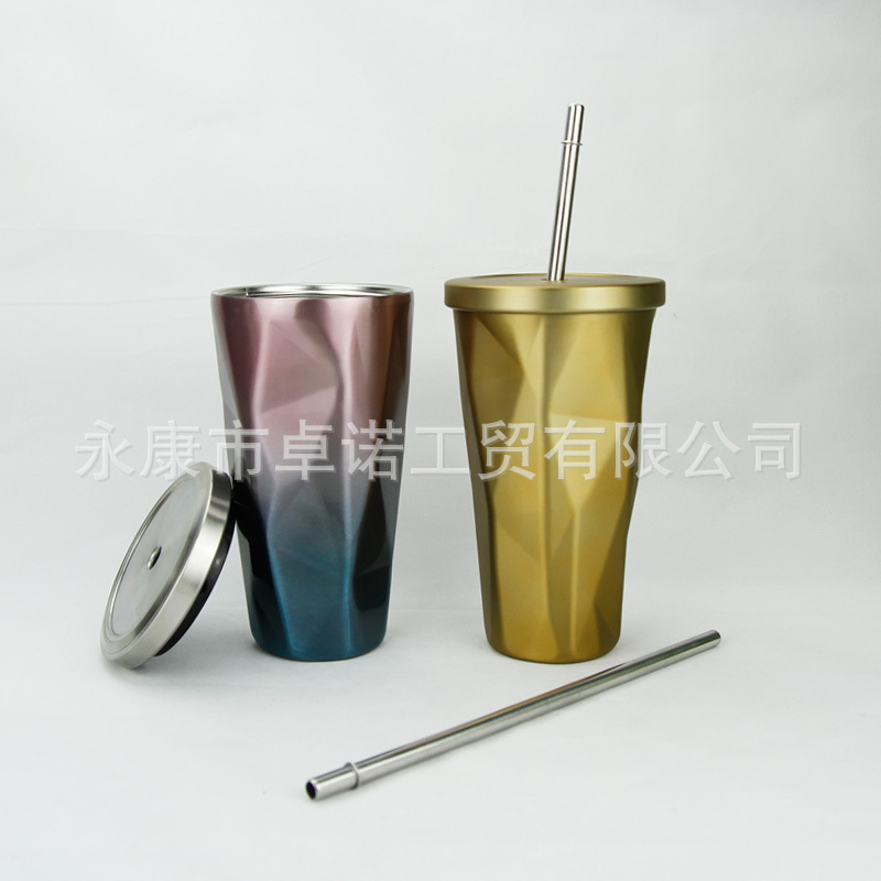雙層不銹鋼保溫吸管杯異形咖啡杯帶吸管菱形顏色可定製星巴克同款工廠,批發,進口,代購