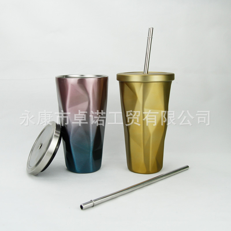 雙層不銹鋼保溫吸管杯異形咖啡杯帶吸管菱形顏色可定製星巴克同款批發・進口・工廠・代買・代購