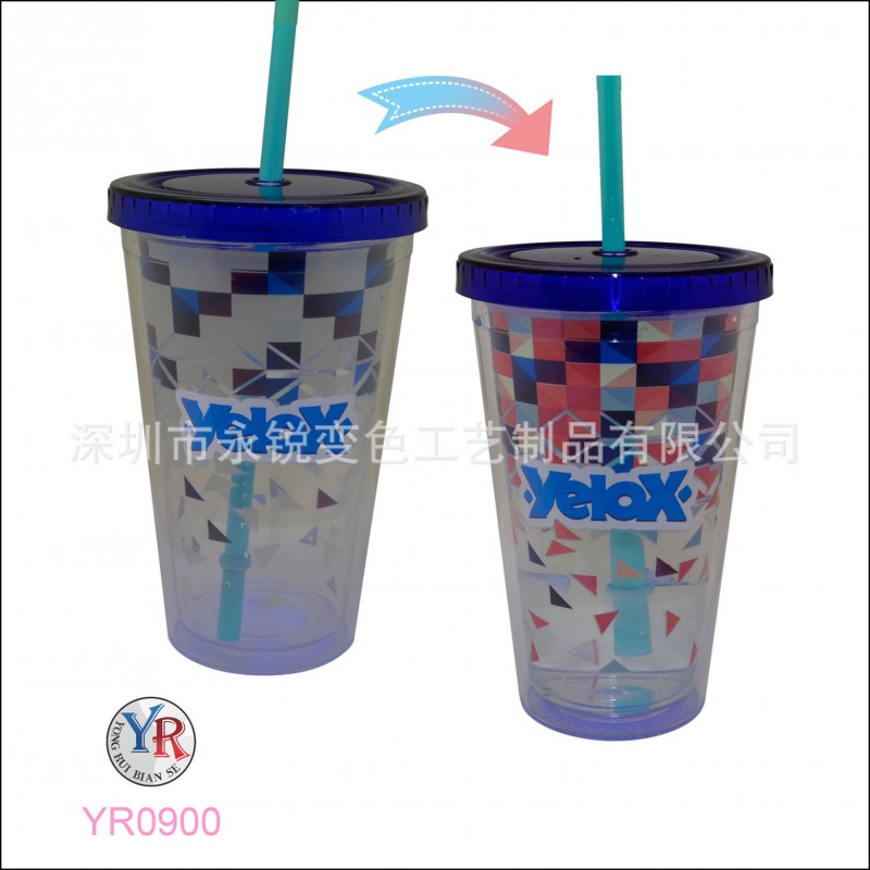 雙層塑膠變色杯 變色塑膠吸管杯 加冰水定製冷變色杯 傢居品工廠,批發,進口,代購