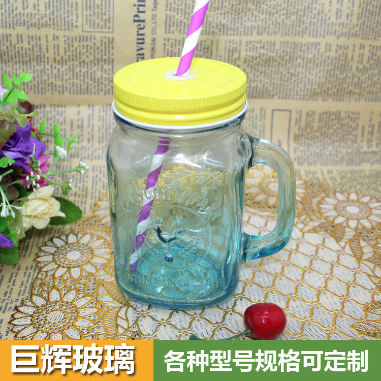 韓國漸變彩色復古公雞杯450ml玻璃梅森杯 創意帶吸管飲料瓶果汁瓶工廠,批發,進口,代購