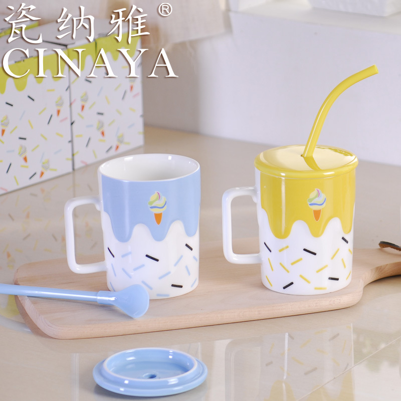 創意小清新陶瓷杯子牛奶杯學生最愛吸管杯夏天果汁杯糖果色批發・進口・工廠・代買・代購