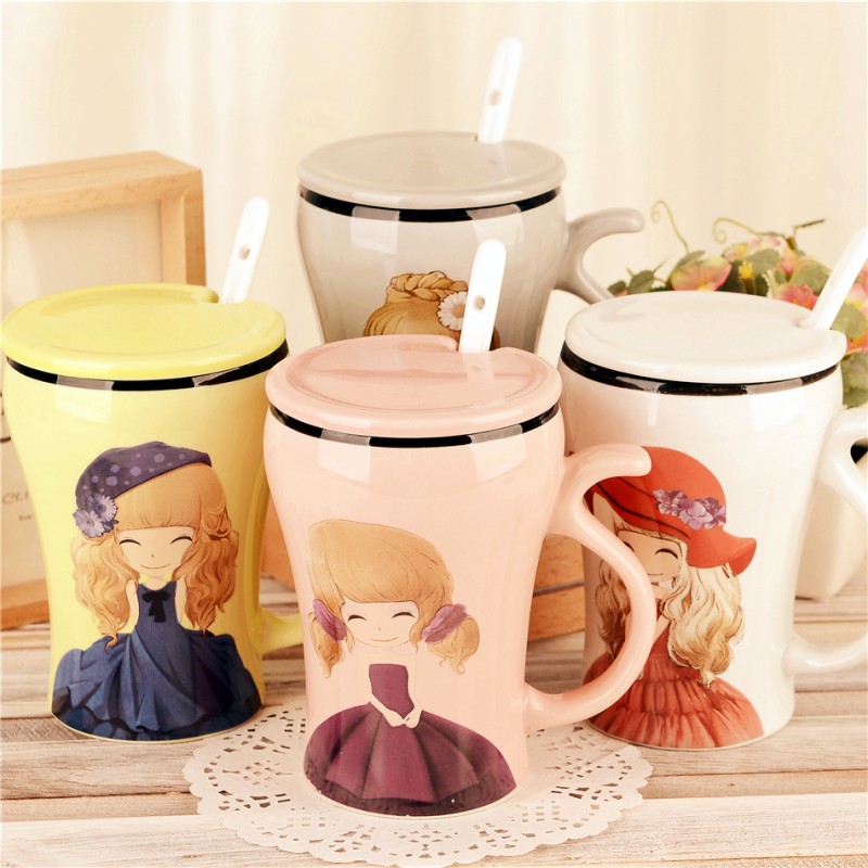 新款公主創意陶瓷杯帶蓋帶勺美女杯 咖啡杯創意禮品水杯廠傢直銷批發・進口・工廠・代買・代購
