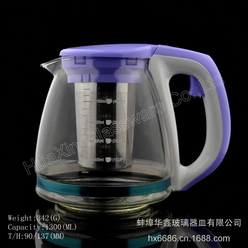 2016新款含過濾網刻度熱水壺(1300ml)  炫白玻璃咖啡壺工廠,批發,進口,代購