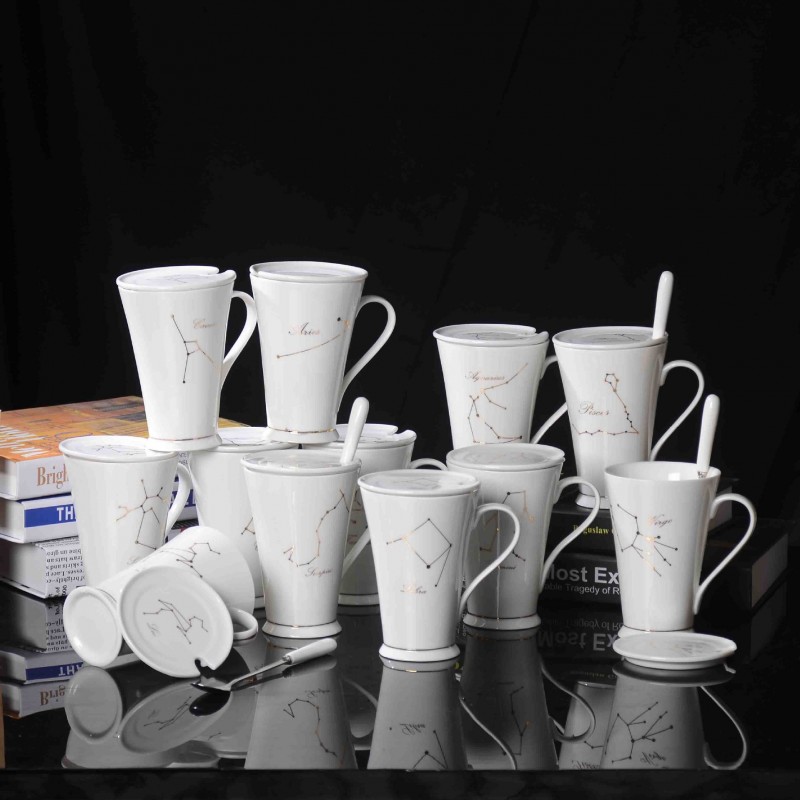 創意禮品12星座陶瓷水杯 帶蓋 送勺子 陶瓷馬克杯咖啡杯工廠,批發,進口,代購