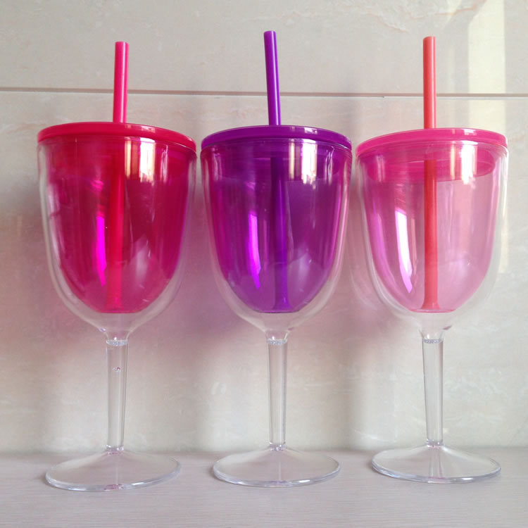 韓式創意杯子高腳紅酒杯雙層塑料吸管杯子促銷禮品杯紅酒杯批發・進口・工廠・代買・代購