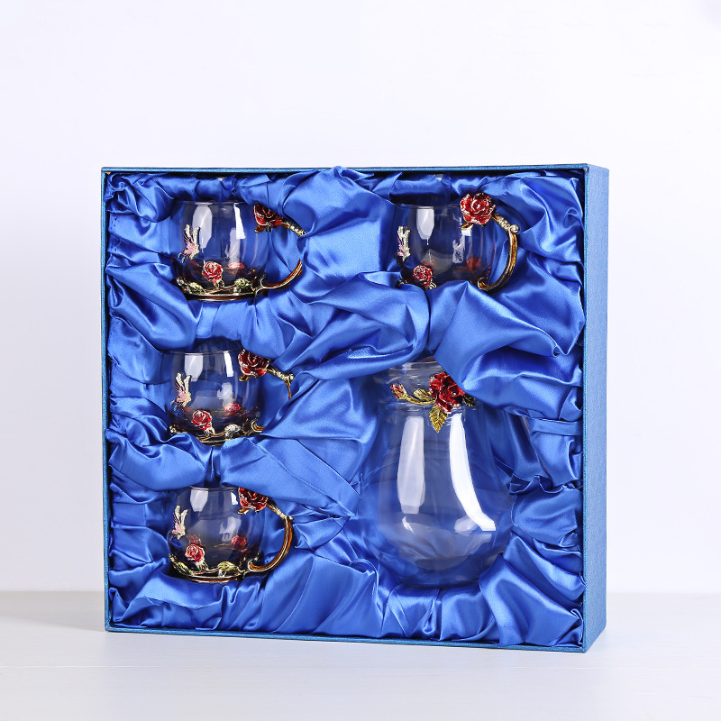 廠傢新款玫瑰琺瑯彩杯5件套 環保無鉛水晶工藝水杯 透明咖啡杯批發・進口・工廠・代買・代購