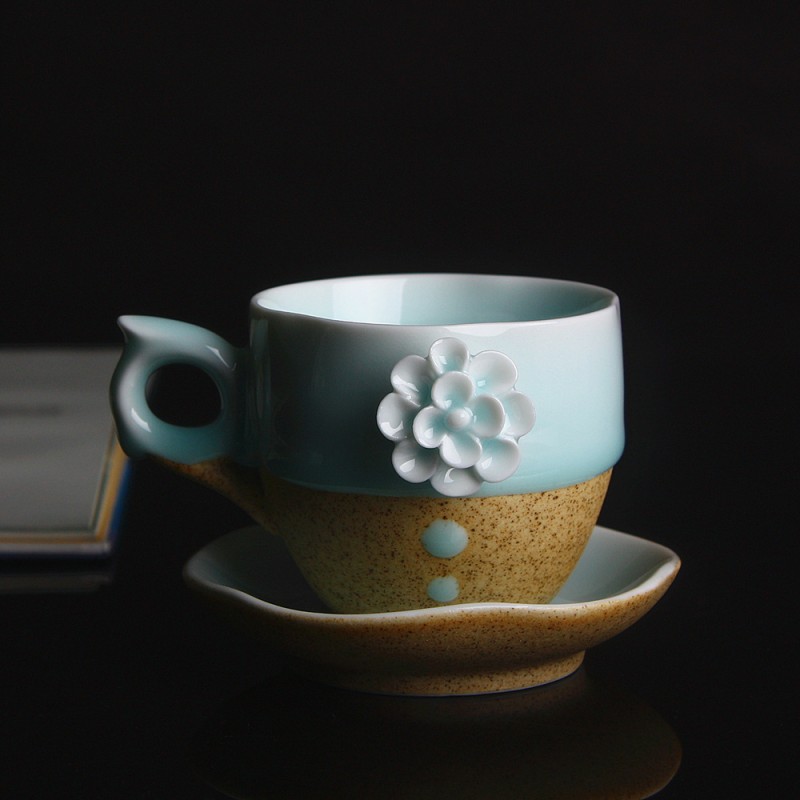 景德鎮手工創意陶瓷咖啡杯影青流釉磨砂捏花帶把茶花杯水杯隨手杯批發・進口・工廠・代買・代購