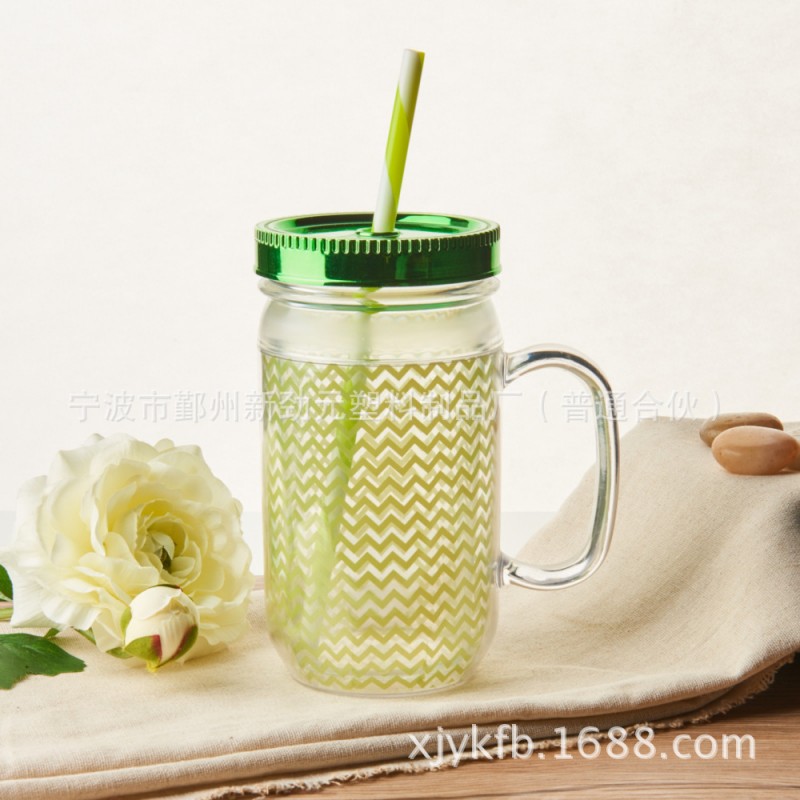 2017新款雙層吸管杯 卡通塑料梅森杯帶手柄 塑料梅森罐批發・進口・工廠・代買・代購