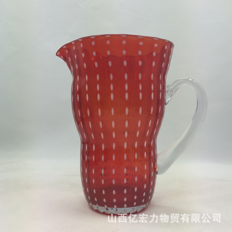 廠傢供應 創意個性 人工吹製 白色小圓點帶柄玻璃水紮水升批發・進口・工廠・代買・代購