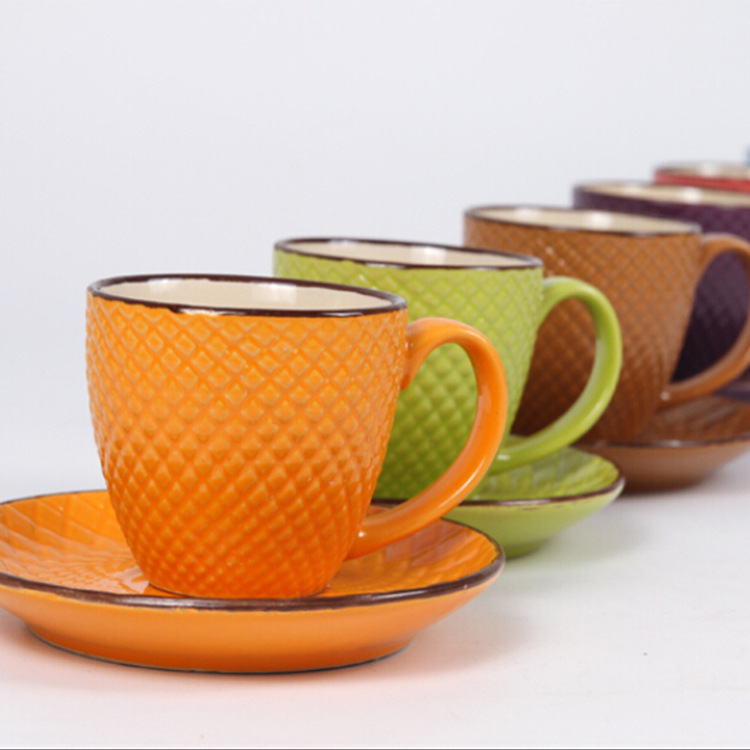 色釉咖啡杯碟炻瓷咖啡杯碟定製咖啡杯碟套裝浮雕系列產品工廠,批發,進口,代購