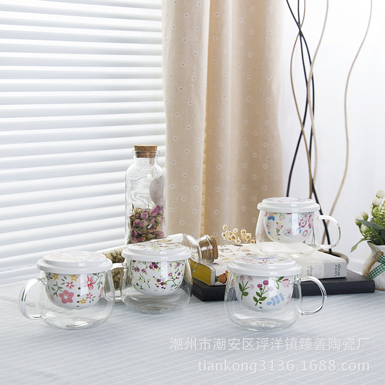 創意耐熱帶蓋透明花茶 玻璃杯子陶瓷內膽過濾泡茶杯 促銷茶具禮品批發・進口・工廠・代買・代購