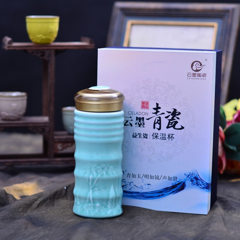 高檔龍泉青瓷保溫杯定製商務禮品養生能量陶瓷杯批發雙層浮雕水杯工廠,批發,進口,代購