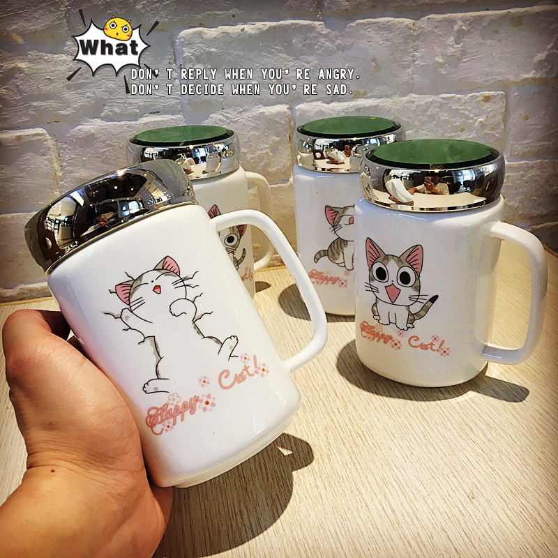 創意可愛貓咪鏡蓋陶瓷水杯子卡通居傢兒童學生早餐牛奶馬克咖啡杯批發・進口・工廠・代買・代購