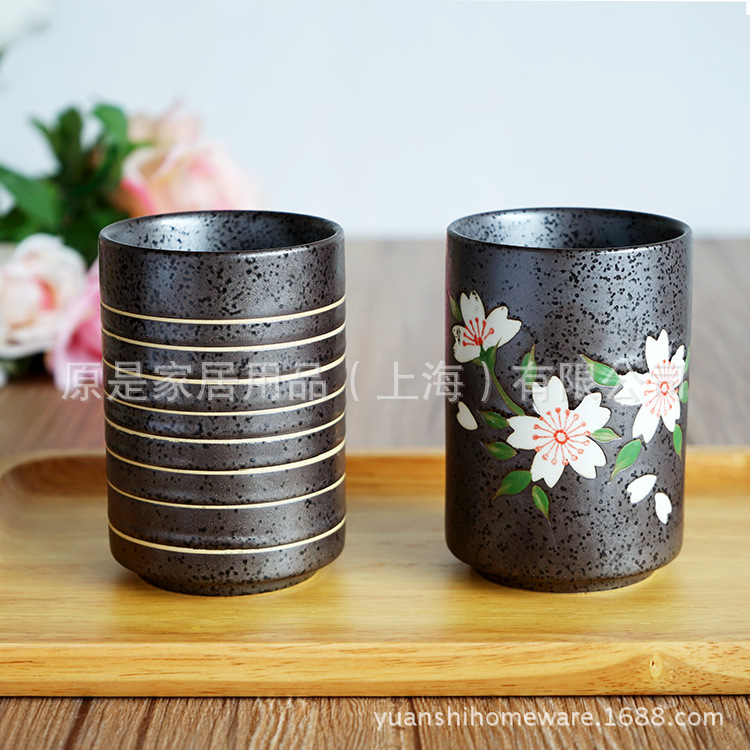 西田木雨 原是傢居 日式手繪櫻花 陶瓷 黑砂釉 直身杯 水杯 茶杯工廠,批發,進口,代購