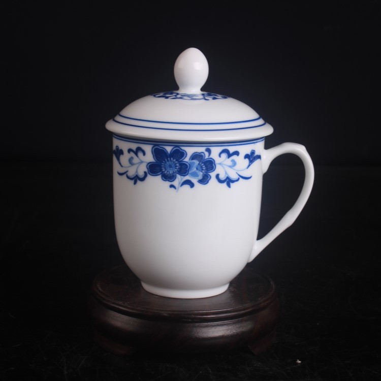 廠傢直供釉下彩藍海棠常務杯陶瓷茶杯陶瓷會議茶杯可加logo加字工廠,批發,進口,代購