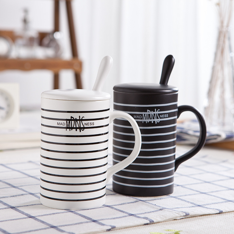 歐式創意簡約情侶杯子黑白條紋陶瓷水杯馬克杯咖啡杯牛奶杯帶蓋帶工廠,批發,進口,代購