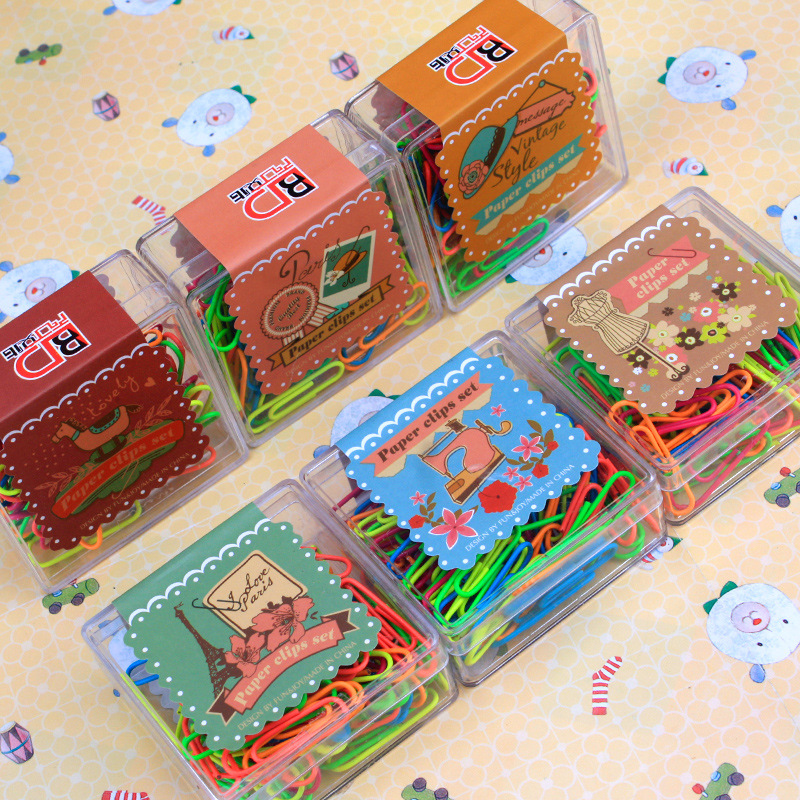 韓國文具可愛清新糖果熒光色別針金屬整理裝訂回形針書簽盒裝80枚工廠,批發,進口,代購