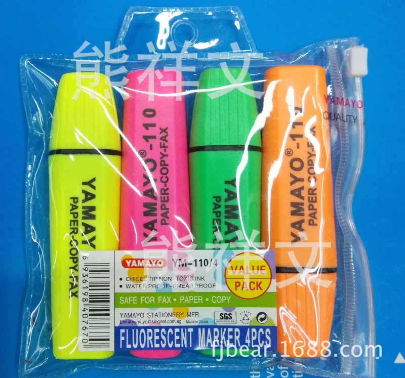 廠傢直銷 yamayo-110/4 PVC袋裝 四色 刀頭 熒光筆工廠,批發,進口,代購