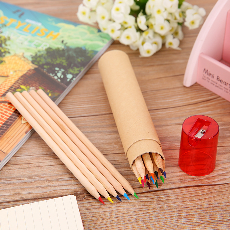 韓國文具 牛皮紙筒裝彩色鉛筆 經典12色原木 12支裝帶卷筆刀蓋批發・進口・工廠・代買・代購