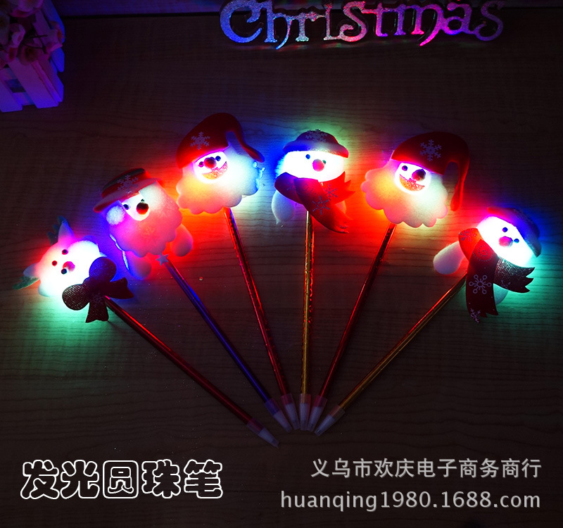 毛絨聖誕老人圓珠筆創意電子led發光燈筆 聖誕文具兒童聖誕節禮品批發・進口・工廠・代買・代購
