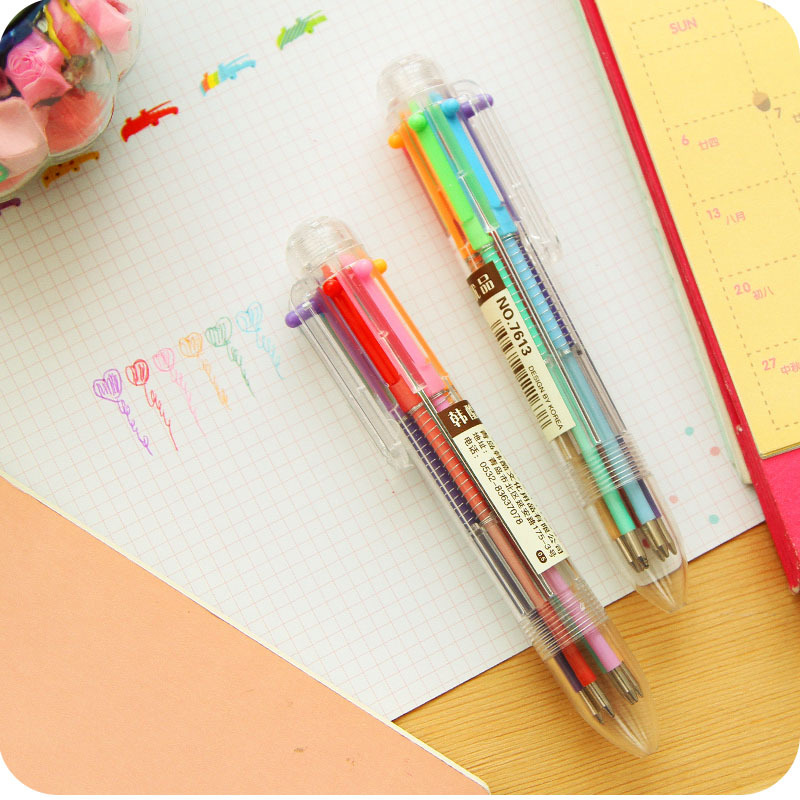 韓國創意文具 可愛多色圓珠筆多功能按動彩色筆6色筆芯 文具批發工廠,批發,進口,代購