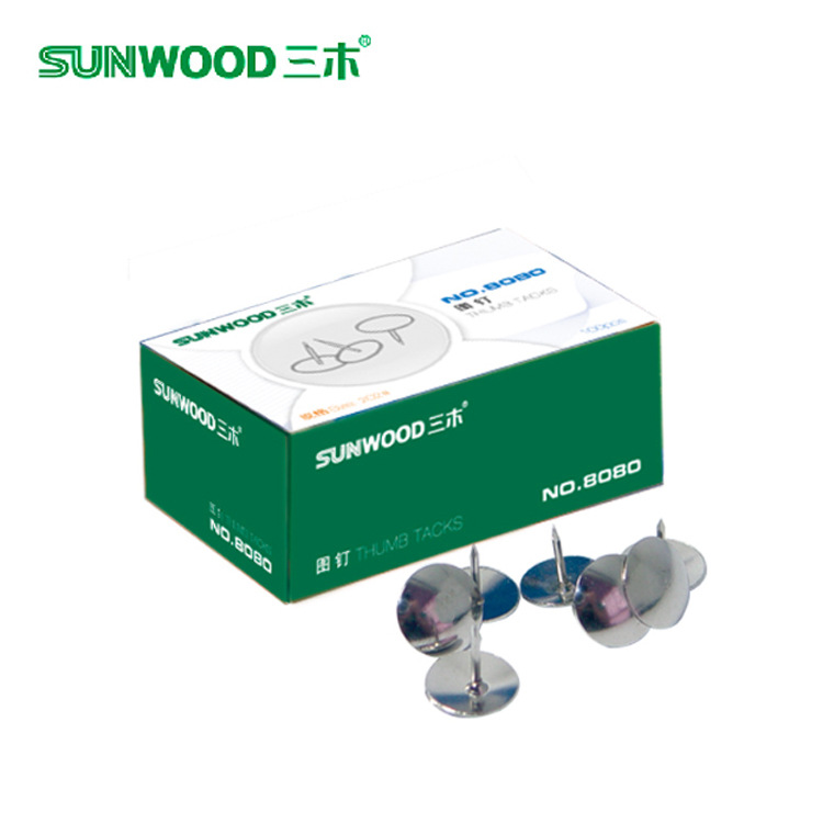 sunwood三木8080 圖釘大頭釘 100枚/盒鍍鎳防銹處理 金屬圓頭圖釘批發・進口・工廠・代買・代購
