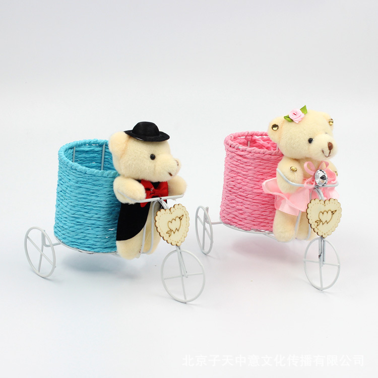 創意泰迪熊禮品結婚糖盒 高檔鐵藝單車筆筒筆座 婚禮簽到臺擺件工廠,批發,進口,代購