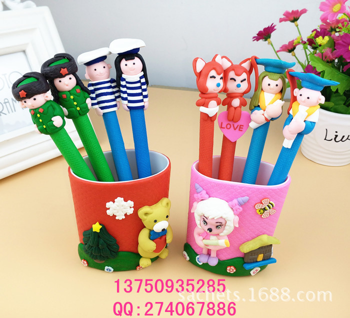 韓國創意學生桌麵文具多功能時尚卡通軟陶筆筒可愛動物人物筆桶工廠,批發,進口,代購
